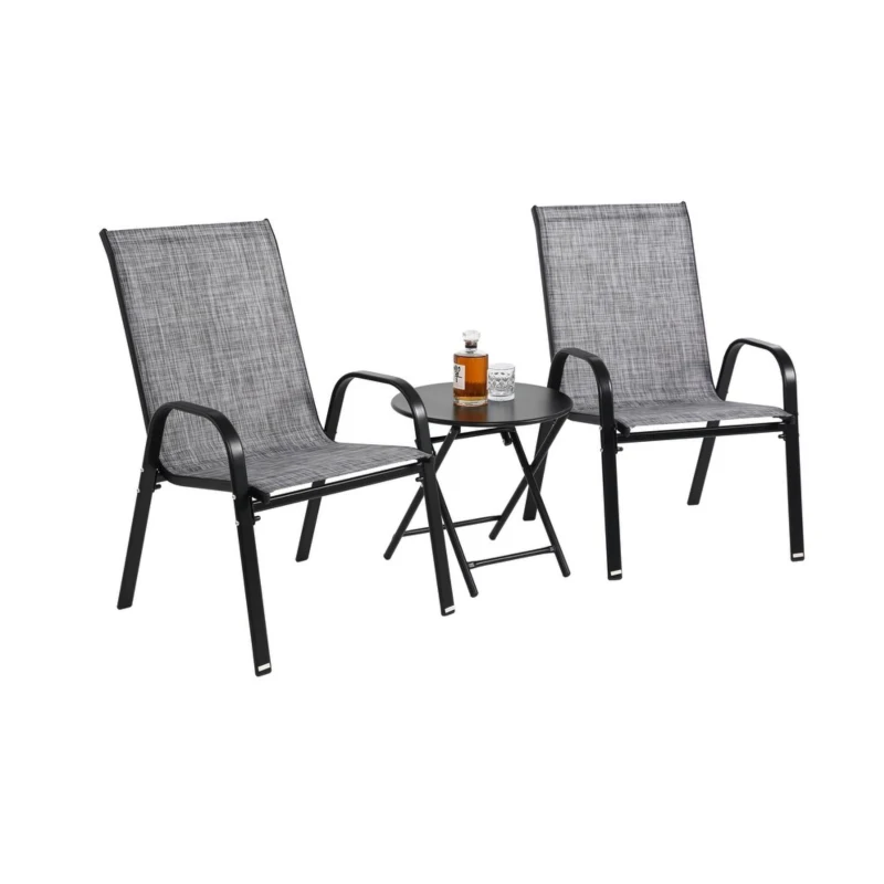 3-Piece Patio Set with 2 Armchairs and 1 Table, Garden Furniture Set with Breathable Textilene Fabric Chairs, Folding Steel Table, Gray