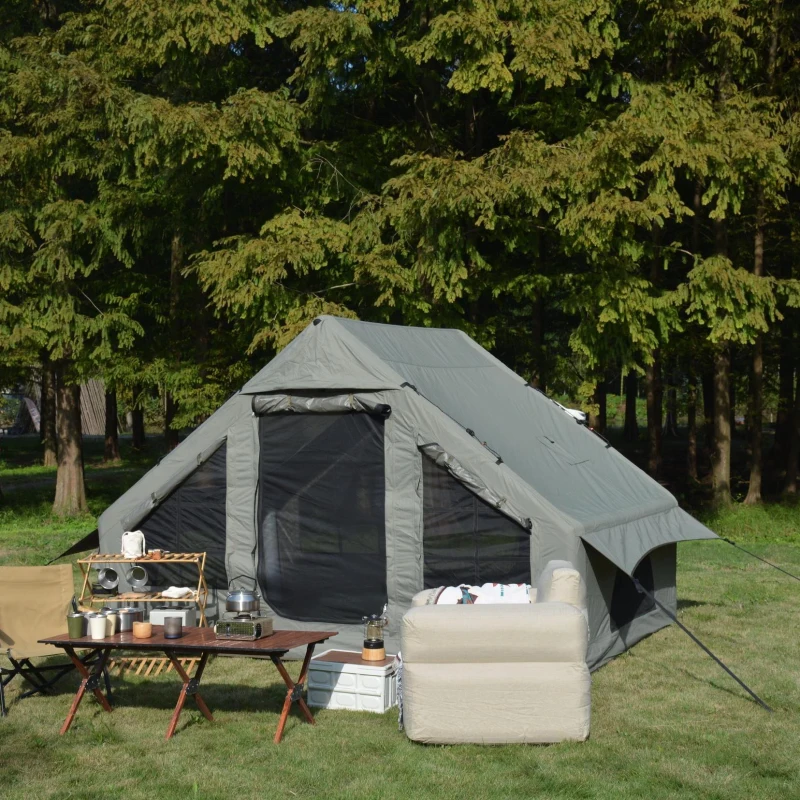 Inflatable Camping Tent with Stove Jack, Easy Setup, Waterproof and Windproof Glamping Tent for 4-6 Persons, 118" L x 82.5" W x 79" H, Army Green