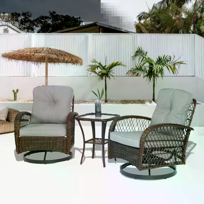 3-Piece Outdoor Swivel Rocker Patio Chairs Set with Cushions, Tempered Glass Table, 360° Rocking Conversation Set with Steel Frame, Grey