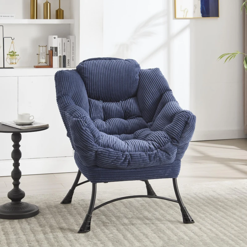 Modern Lazy Chair with Ottoman, Armrests, Side Pocket, Ergonomic Lounge Accent Chair with Steel Frame, 31.5" L x 25" W x 37.5" H, Navy Blue