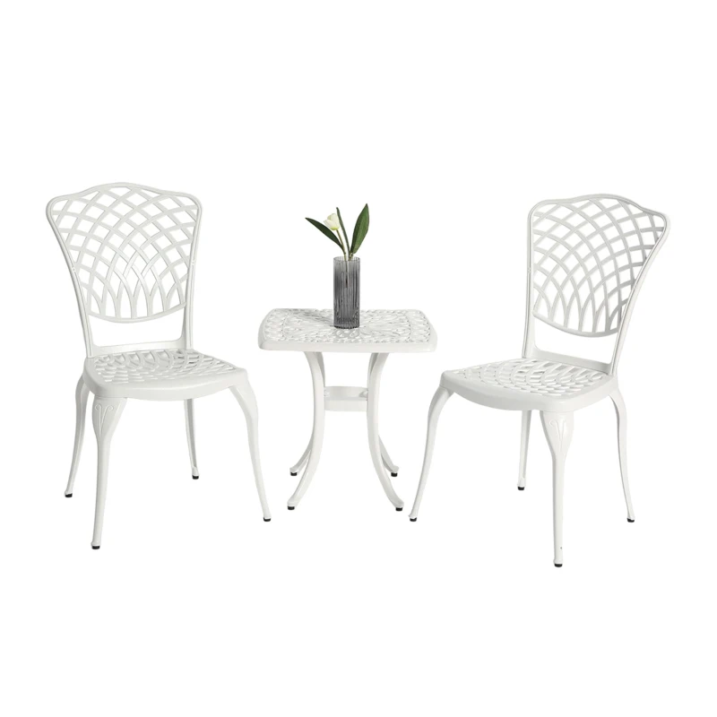 3-Piece Bistro Set with 2 Chairs and 1 Round Table, Adjustable Foot Caps, Classical Design, Rustproof Cast Aluminum Patio Furniture, White