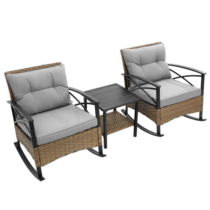 3-Piece Outdoor Rocking Rattan Chair Set with Steel Frame, Durable and Easy to Move, Includes Table, 29" L x 25.5" W x 31" H, Gray