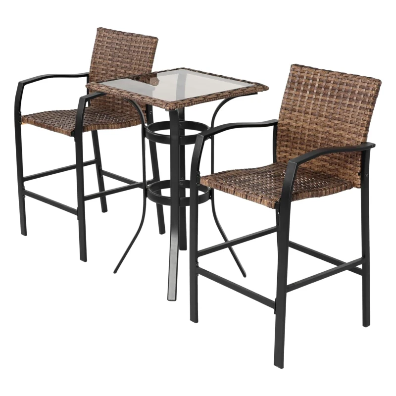 3-Piece Outdoor Bar Stools Set with Rattan Bar Chairs, Glass Table, Steel Frame, Perfect for Backyard, Garden, Pool, Balcony, Deck, Brown