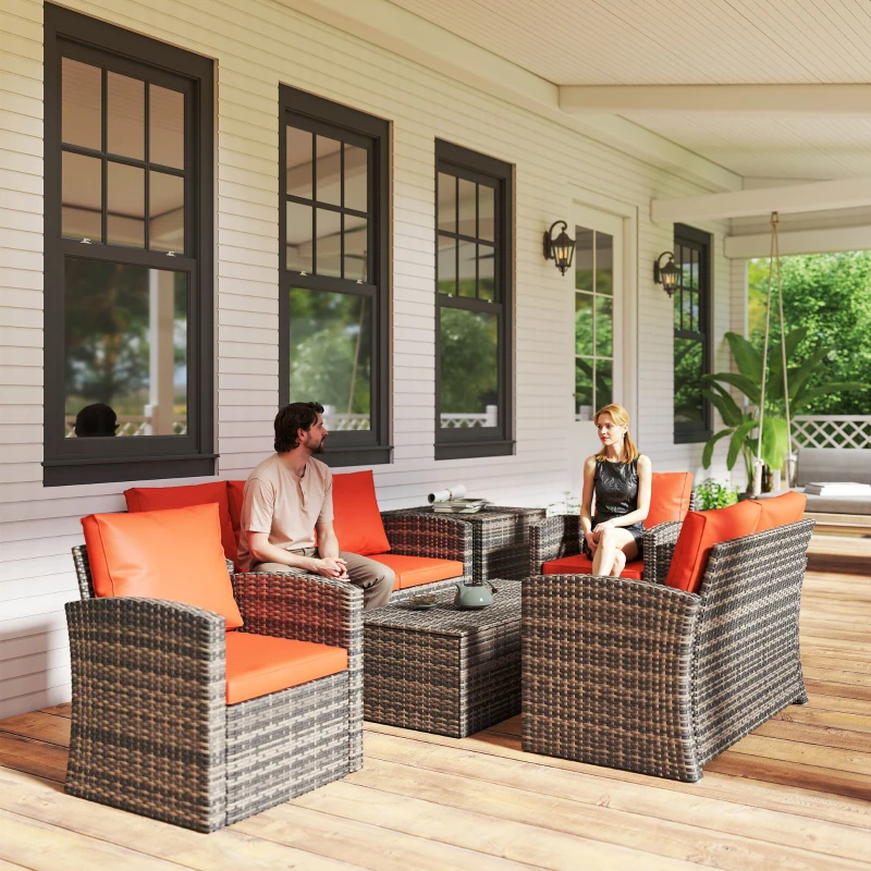 Outsunny 6 Pieces Wicker Patio Furniture Set with Cushions, 7-Seater Rattan Patio Sofa Set with Storage Table, Orange