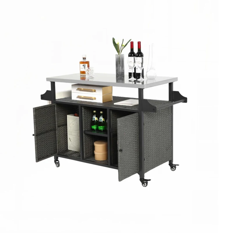 Outdoor Wicker Rolling Cart with Storage Cabinet, Stainless Steel Extended Tabletop, Wheels and Side Handle, 51" L x 21.5" W x 34" H, Gray