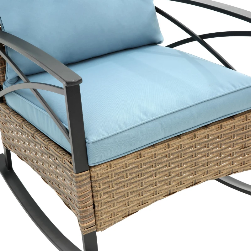 3-Piece Outdoor Rocking Rattan Chair Set with Steel Frame, Includes Table and Cushions, 29" L x 25.5" W x 31" H, Blue