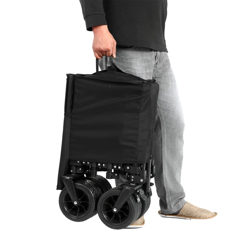 Foldable Extended Wagon with All-Terrain Beach Wheels, Heavy Duty 300L Utility Garden Cart with Drink Holders, 53.5" L x 21" W x 40.5" H, Black