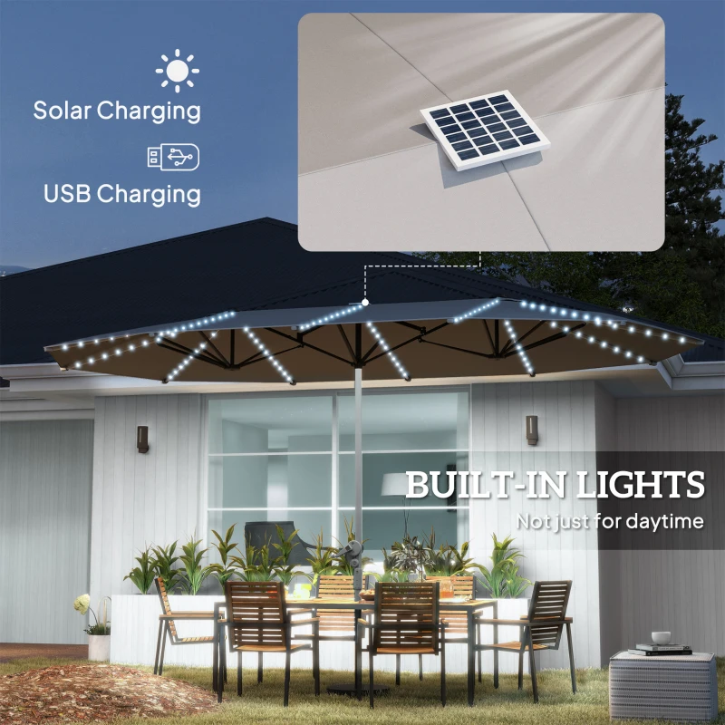 Outsunny 15ft Double-Sided Outdoor Umbrella with Solar Lights, UPF50+ Extra Large Aluminum Patio Umbrella with Crank, Dark Gray