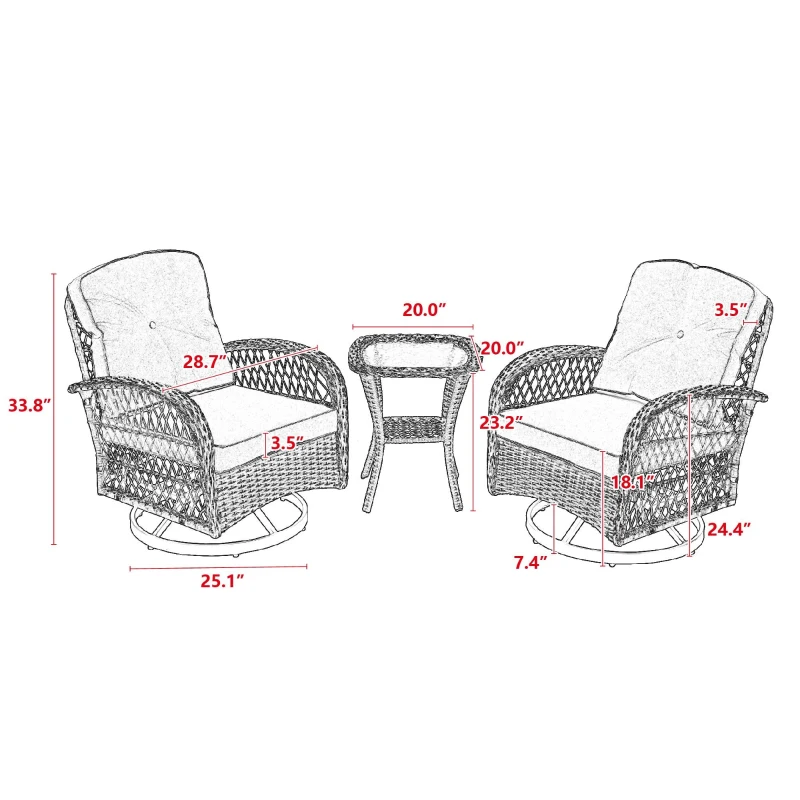 3-Piece Outdoor Swivel Rocker Patio Chairs Set with Cushions, Tempered Glass Table, 360° Rocking Conversation Set with Steel Frame, Grey
