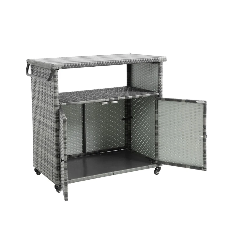 Outdoor Wicker Bar Cart with Wheels, Patio Wine Serving Cart, Rolling Rattan Beverage Bar Counter Table with Glass Top, 51" L x 20" W x 35" H, Aqua Gray