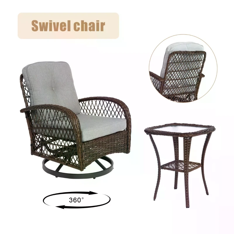 3-Piece Outdoor Swivel Rocker Patio Chairs Set with Cushions, Tempered Glass Table, 360° Rocking Conversation Set with Steel Frame, Grey