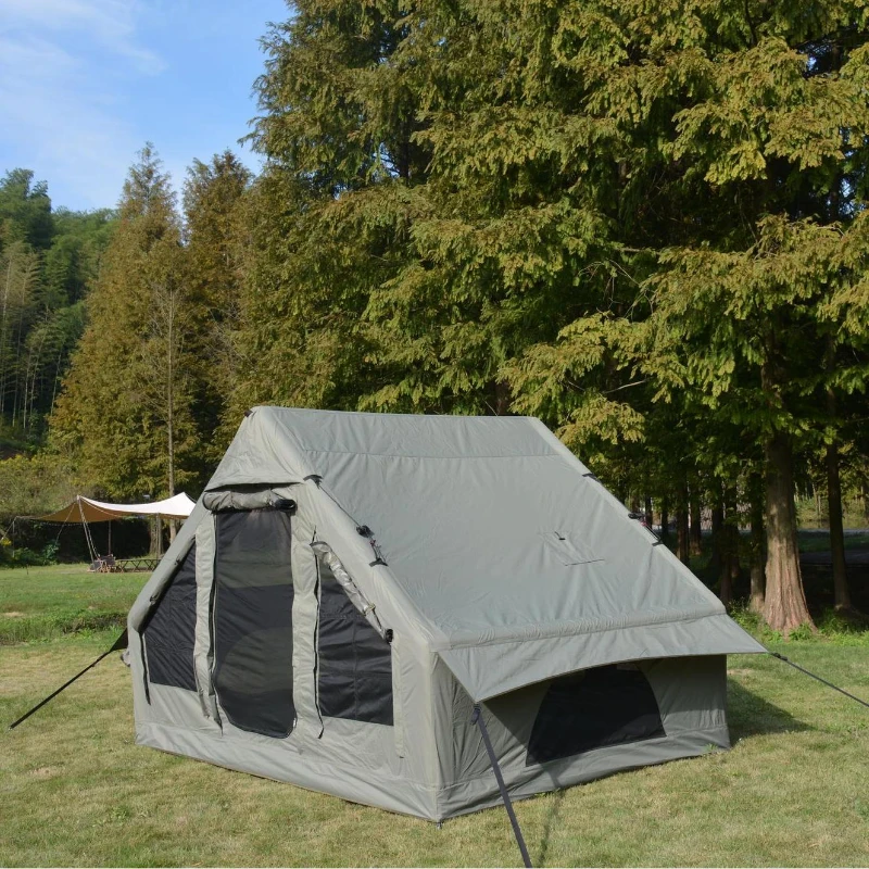 Inflatable Camping Tent with Stove Jack, Easy Setup, Waterproof and Windproof Glamping Tent for 4-6 Persons, 118" L x 82.5" W x 79" H, Army Green