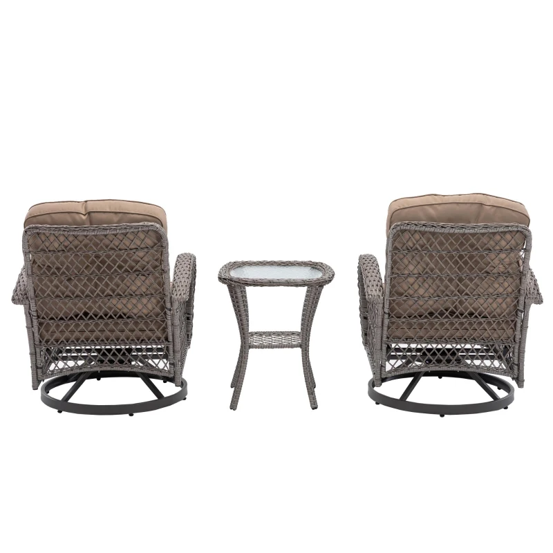 3-Piece Outdoor Swivel Rocker Patio Chairs Set with Tempered Glass Coffee Table, 360° Rocking Conversation Set with Thick Cushions, 29" L x 25" W x 34" H, khaki