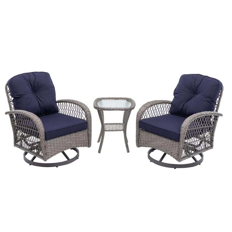 3-Piece Outdoor Swivel Rocker Patio Chairs Set with Tempered Glass Coffee Table, 360° Rocking Conversation Set with Thick Cushions, 29" L x 25" W x 34" H, Navy Blue