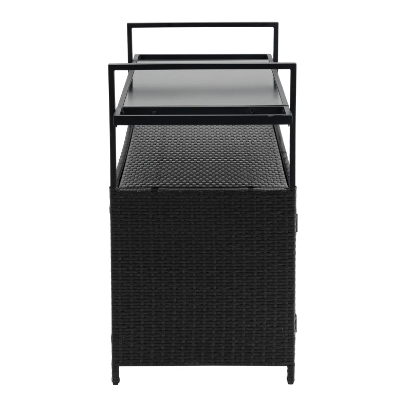Outdoor Wicker Bar Cart with Glass Top and Wheels, Rolling Rattan Beverage Bar Counter Table for Porch, Backyard, Garden, Poolside Party, 51" L x 20" W x 35.5" H, Black