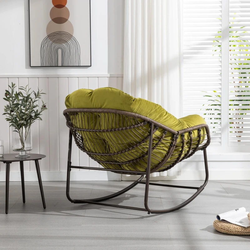 Outdoor Rattan Rocking Chair with Padded Cushion, Oversized Recliner Rocker for Porch, Patio, Living Room, Garden, 44" L x 37" W x 31.5" H, Olive