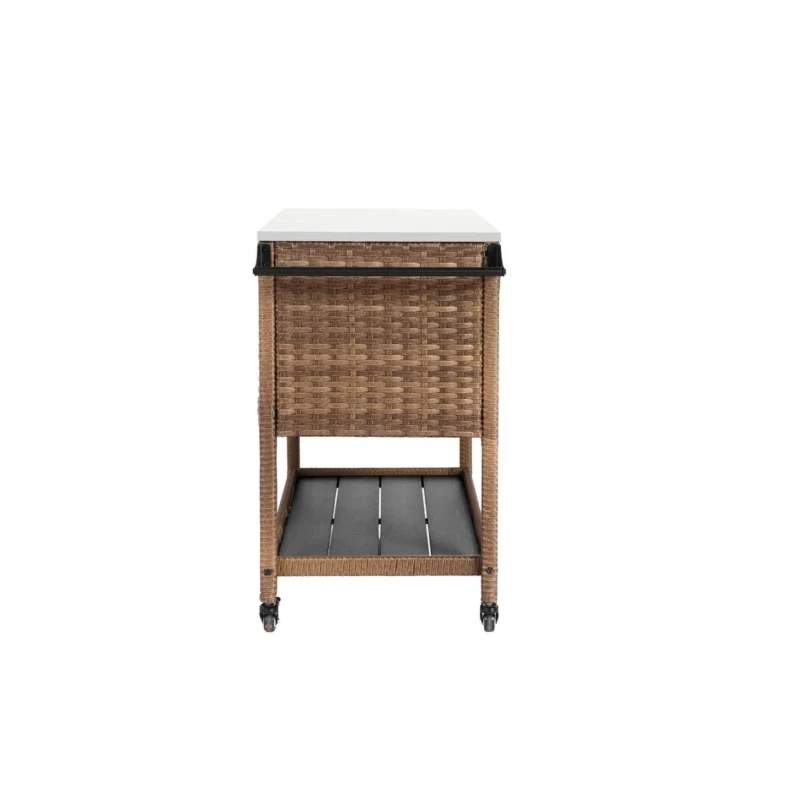 Outdoor Wicker Bar Cart with Wheels, Expandable Shelf, Rolling Rattan Beverage Bar Counter Table with Glass Top, 47" L x 20" W x 35" H, Brown