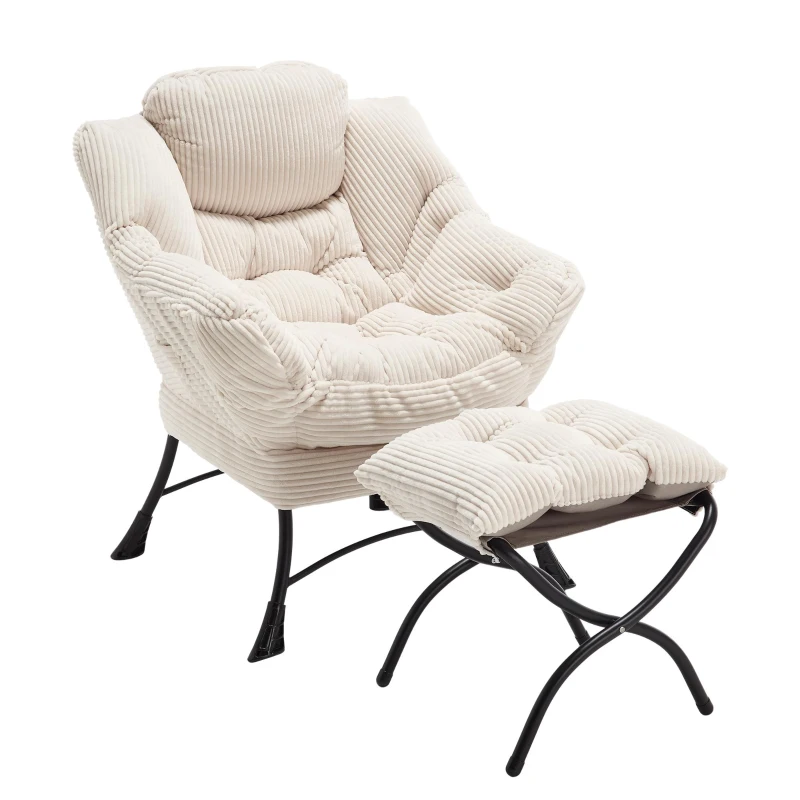 Ergonomic Lazy Chair with Ottoman, Armrests and Side Pocket, Steel Frame, Modern Lounge Accent Chair, 31.5" L x 25" W x 37.5" H, White