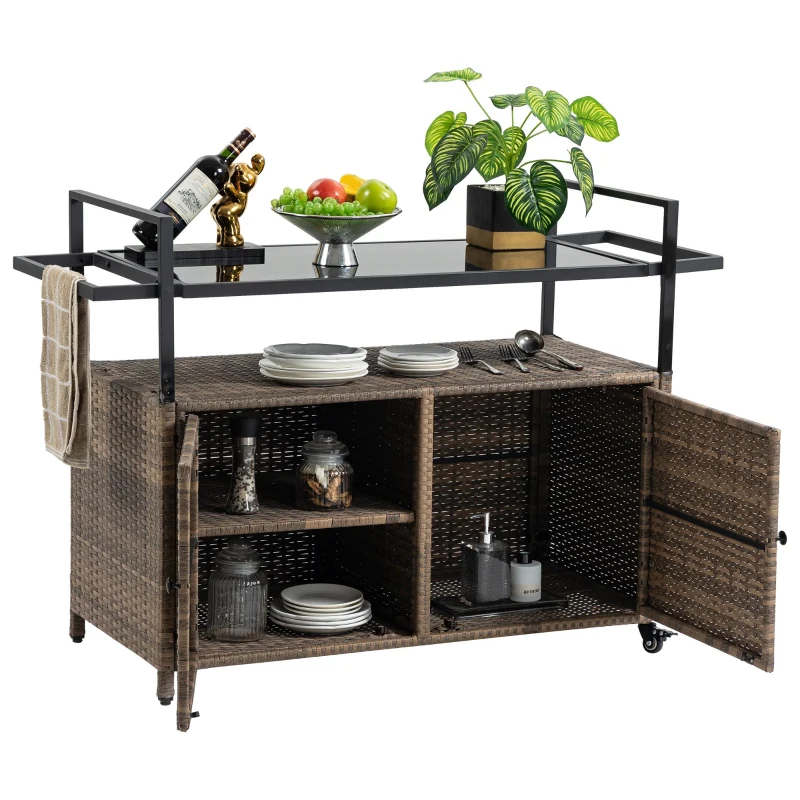 Outdoor Wicker Bar Cart with Wheels, Patio Wine Serving Cart with Glass Top and Storage Cabinet, 51" L x 20" W x 35.5" H, Light Brown