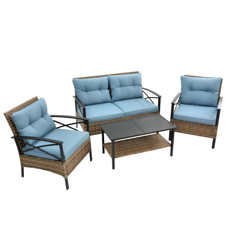 4-Piece Patio Sectional Sofa Set with Steel Frame, Unbreakable Table, Low Dining Conversation Set with Cushions, 47.5" L x 29.5" W x 31.5" H, Blue
