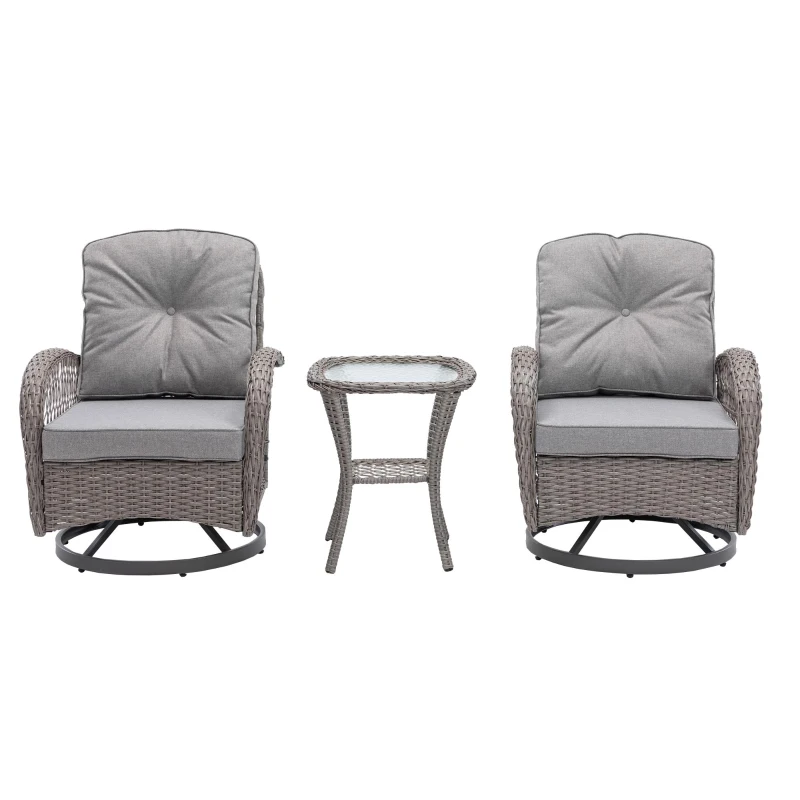3-Piece Outdoor Swivel Rocker Patio Chairs Set with Tempered Glass Coffee Table, 360° Rocking Conversation Set with Thick Cushions, 29" L x 25" W x 34" H, Grey