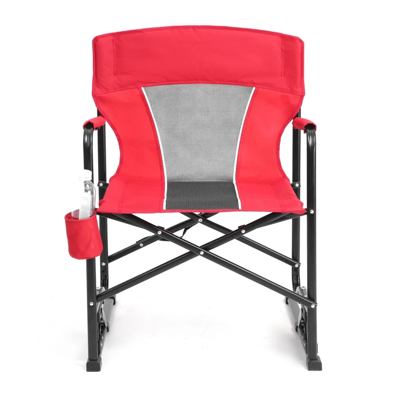 Outdoor Freestyle Rocker Camping Chair with Armrests and Backrest, Drink Holder, Portable Folding Rocking Chair, 24.5" L x 26" W x 37" H, Red