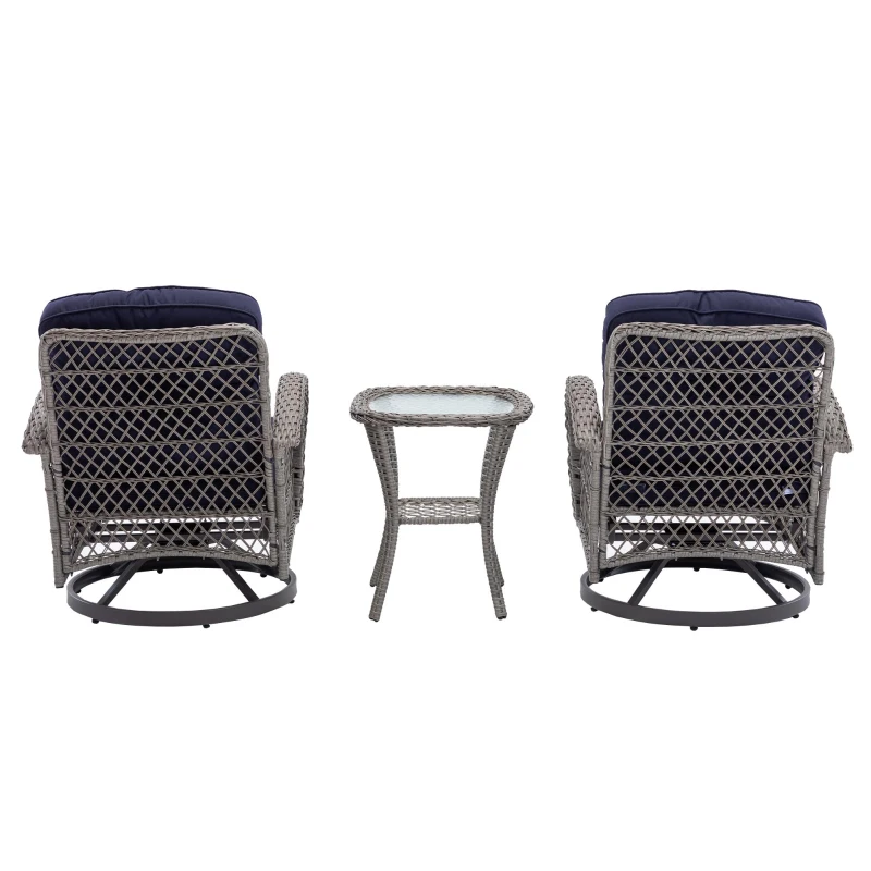 3-Piece Outdoor Swivel Rocker Patio Chairs Set with Tempered Glass Coffee Table, 360° Rocking Conversation Set with Thick Cushions, 29" L x 25" W x 34" H, Navy Blue
