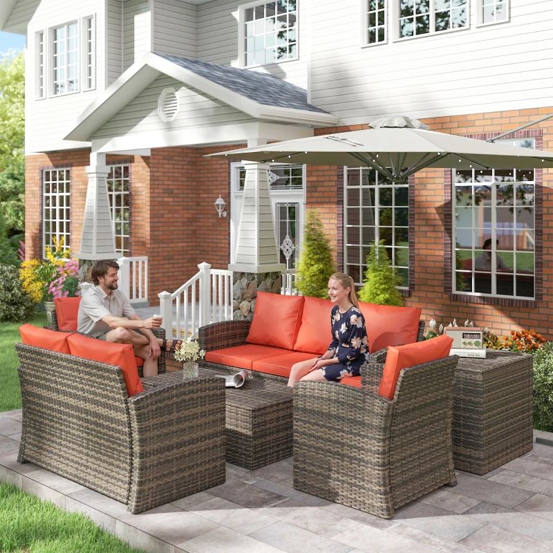 Outsunny 6 Pieces Wicker Patio Furniture Set with Cushions, 7-Seater Rattan Patio Sofa Set with Storage Table, Orange