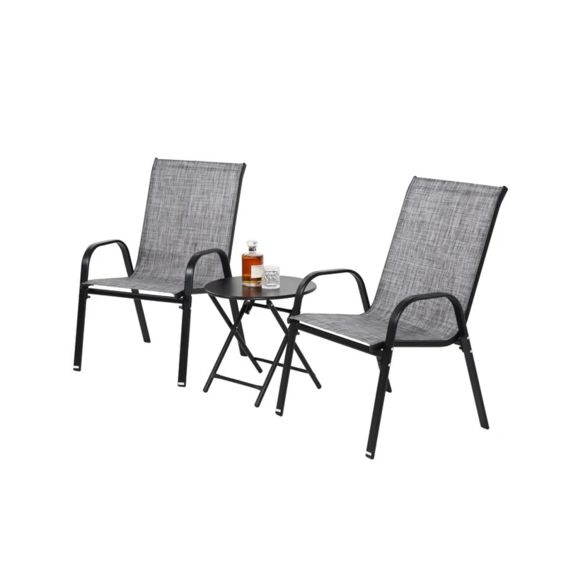 3-Piece Patio Set with 2 Armchairs and 1 Table, Garden Furniture Set with Breathable Textilene Fabric Chairs, Folding Steel Table, Gray