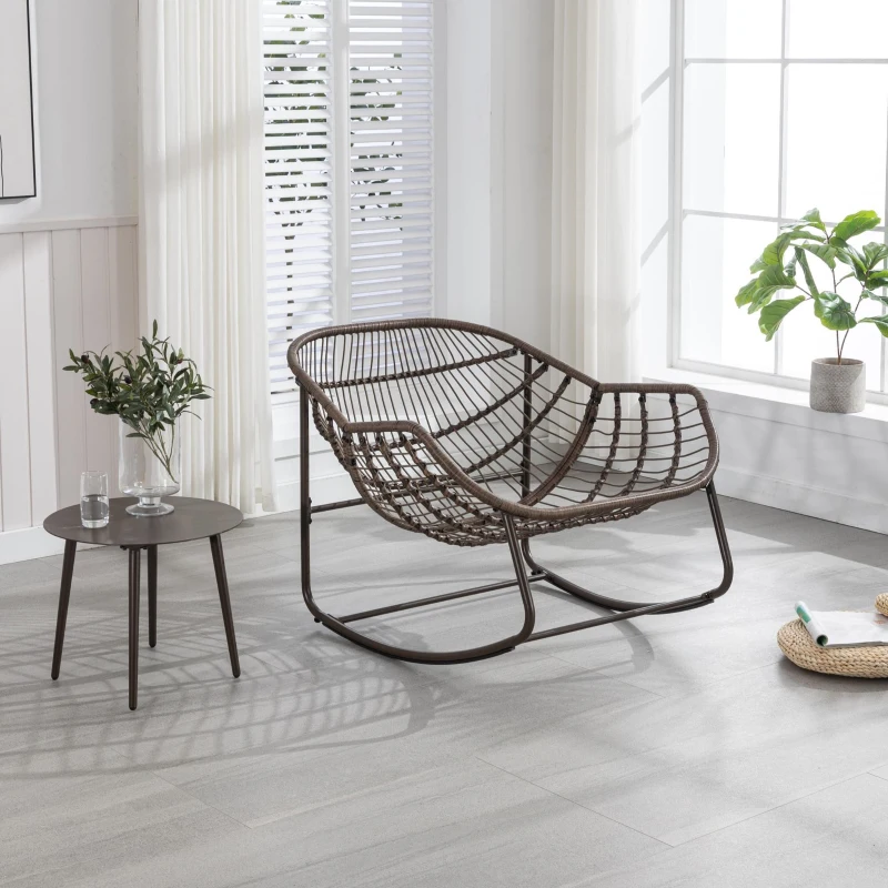 Outdoor Rattan Rocking Chair with Padded Cushion, Hand-Woven Recliner, Ergonomic Design, Steel Frame, 44" L x 37" W x 31.5" H, Gray