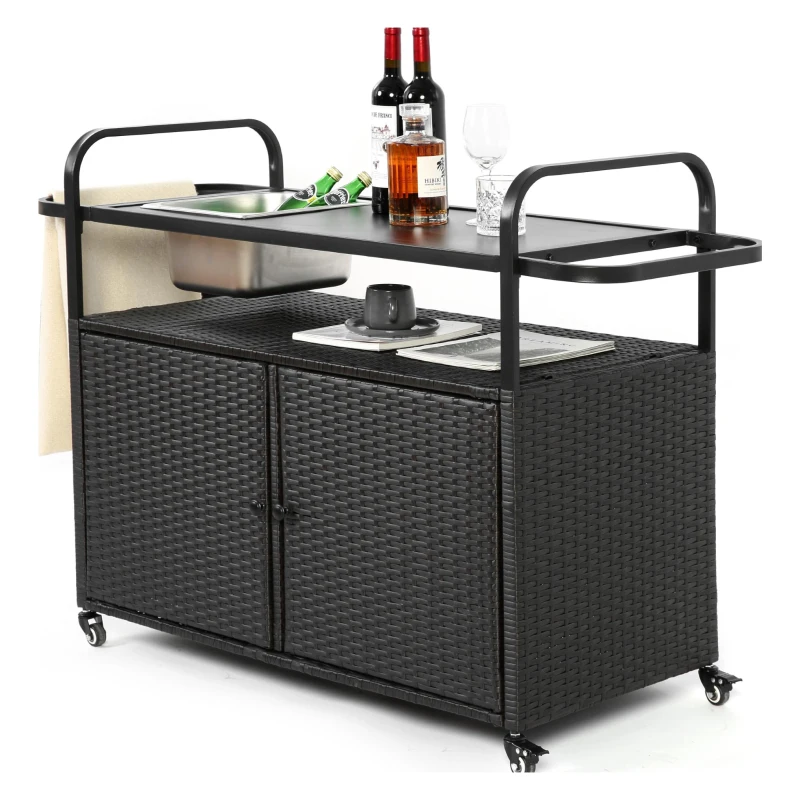 Multifunctional Outdoor Bar Table with Lockable Wheels, Ice Bucket, Side Basket, Wicker Bar Cart with Cabinet, 51.5" L x 19.5" W x 36" H, Black