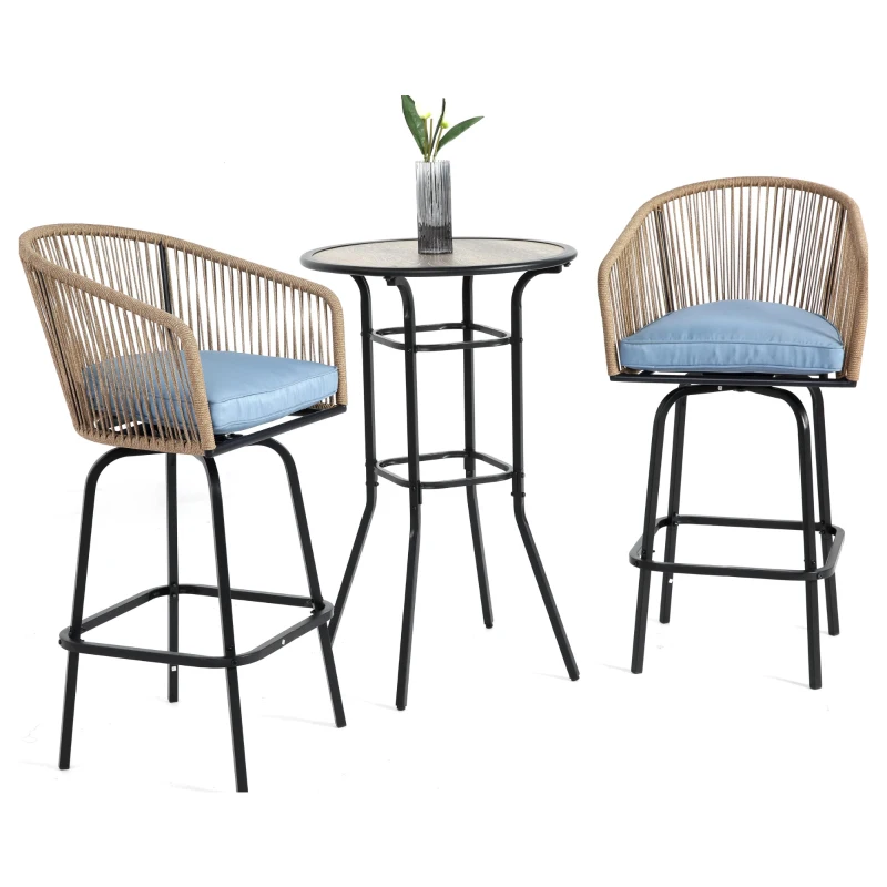 3-Piece Outdoor Bar Set with Ecoating Technology, Innovative Sling Fabric, Patio Bar Table and Swivel Chairs Set with DPC Wood-Like Table Top, Blue