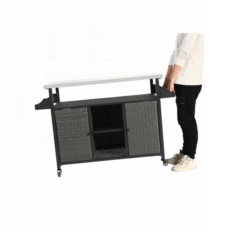 Outdoor Wicker Rolling Cart with Storage Cabinet, Stainless Steel Extended Tabletop, Wheels and Side Handle, 51" L x 21.5" W x 34" H, Gray