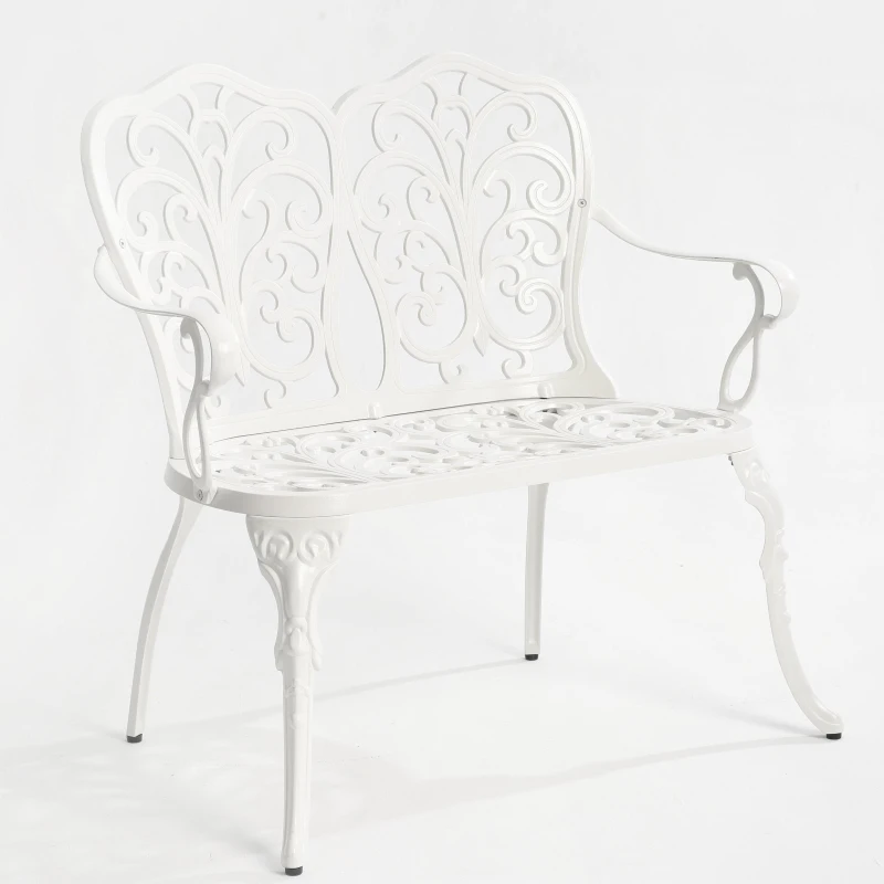 Waterproof and Rust-Proof Patio Garden Bench with Floral Rose Design, Cast Aluminum Outdoor Park Bench, 34.5" L x 22.5" W x 34.5" H, White