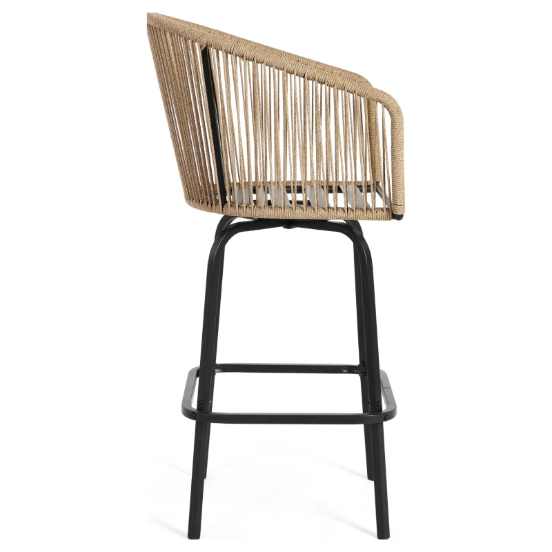 Set of 2 Outdoor Bar Stools with Armrests and Backrest, Steel Frame, All Weather Rattan Bar Chairs with Footrest, 23" L x 17.5" W x 44" H, Gray