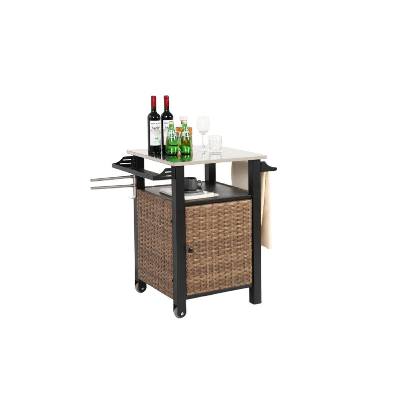 Outdoor Wicker Island Rolling Cart with Storage Cabinet, Expandable Shelf and Tabletop, Wine Glass Rack, 30" L x 22.5" W x 33.5" H, Brown