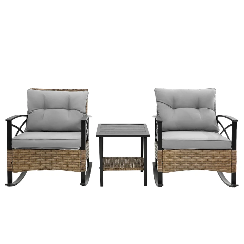 3-Piece Outdoor Rocking Rattan Chair Set with Steel Frame, Durable and Easy to Move, Includes Table, 29" L x 25.5" W x 31" H, Gray
