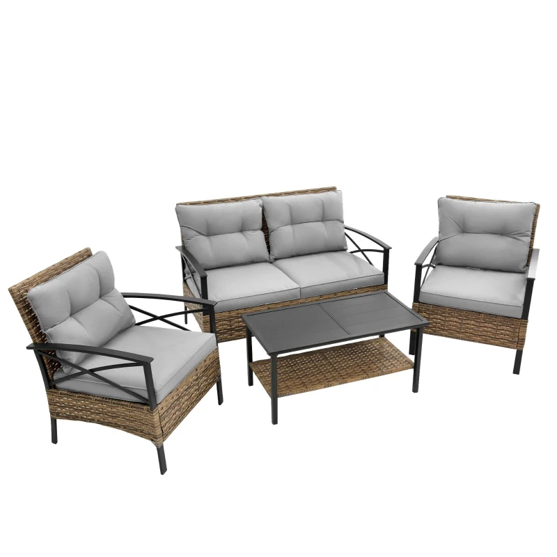 4-Piece Patio Sectional Sofa Set with Cushions and Steel Table, Outdoor Rattan Wicker Conversation Set , 47.5" L x 29.5" W x 31.5" H, Gray
