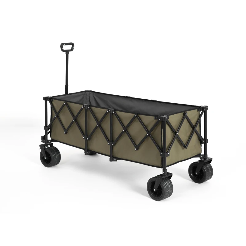 Foldable Extended Wagon with All-Terrain Wheels, Drink Holders, Heavy Duty 300L Folding Utility Cart, 53.5" L x 21" W x 40.5" H, Army Green