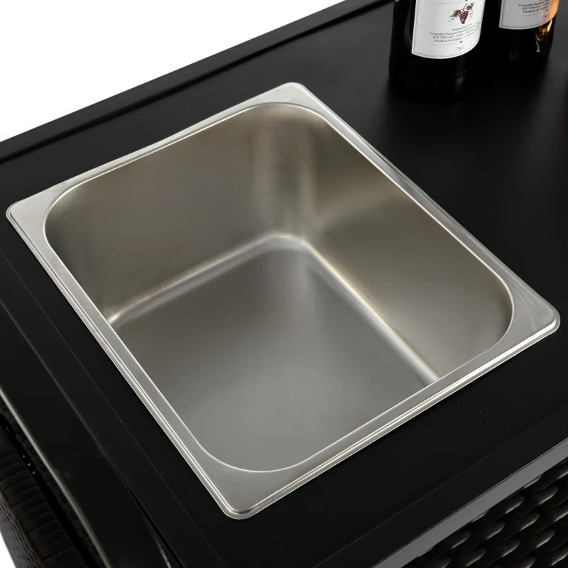 Multifunctional Outdoor Bar Table with Lockable Wheels, Ice Bucket, Side Basket, Wicker Bar Cart with Cabinet, 51.5" L x 19.5" W x 36" H, Black