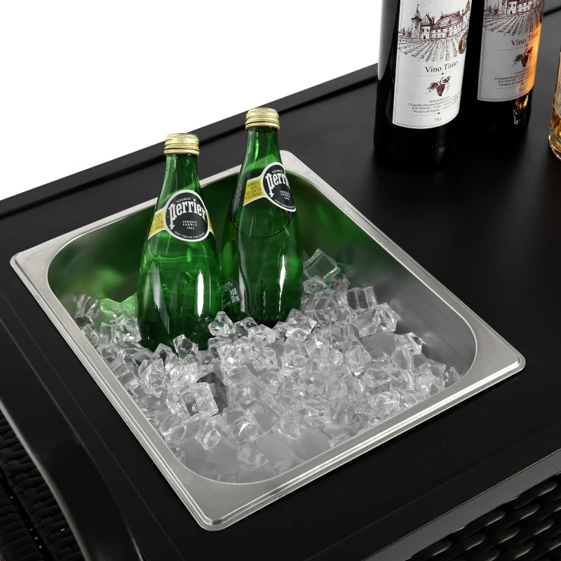 Multifunctional Outdoor Bar Table with Lockable Wheels, Ice Bucket, Side Basket, Wicker Bar Cart with Cabinet, 51.5" L x 19.5" W x 36" H, Black
