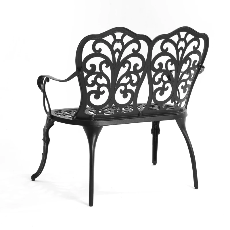 Patio Garden Bench with Floral Rose Design, Cast Aluminum Outdoor Furniture for Park, Lawn, Yard, 34.5" L x 22.5" W x 34.5" H, Black