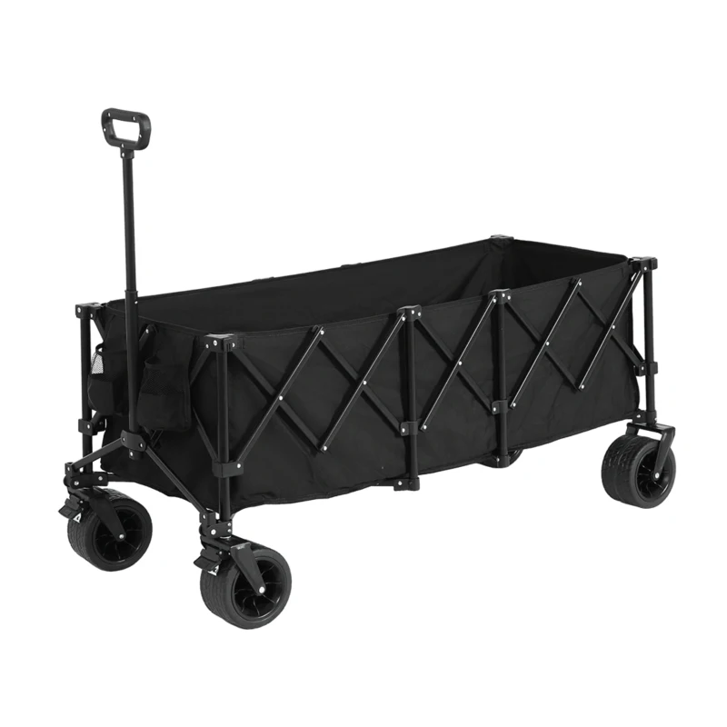 Foldable Extended Wagon with All-Terrain Beach Wheels, Heavy Duty 300L Utility Garden Cart with Drink Holders, 53.5" L x 21" W x 40.5" H, Black