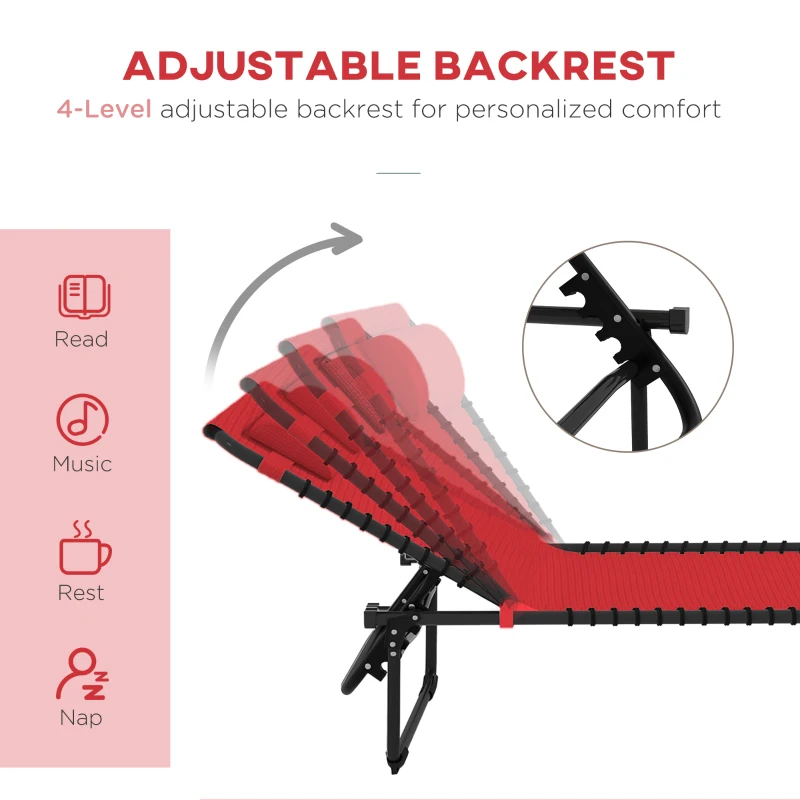 Outsunny Folding Chaise Lounge Pool Chair with 4-Position Reclining Back, Pillow, Breathable Mesh & Bungee Seat, Wine Red