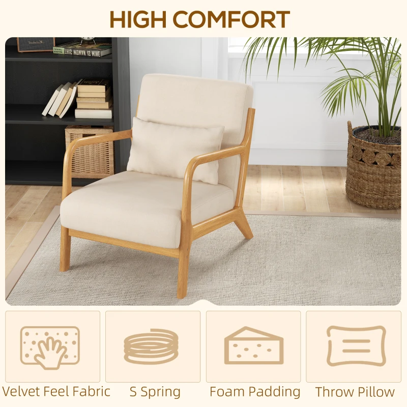 HOMCOM Fabric Lounge Chair, Velvet Armchair, Retro Accent Chair with Wood Legs and Thick Padding for Bedroom, Beige