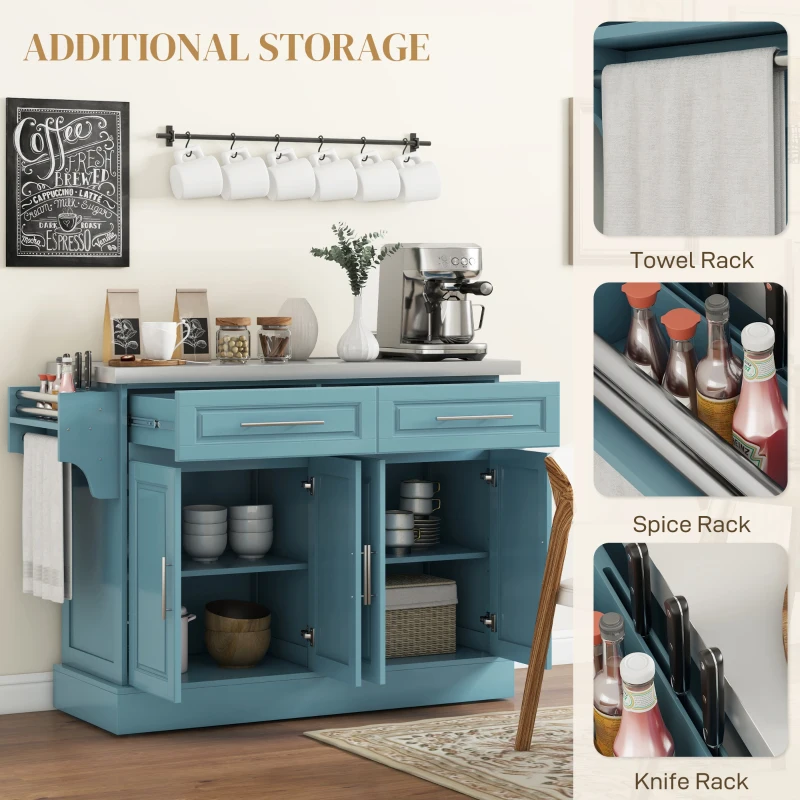 HOMCOM Rolling Kitchen Island with Storage and Stainless Steel Top, Kitchen Trolley with Drawers, Towel Rack, Light Blue