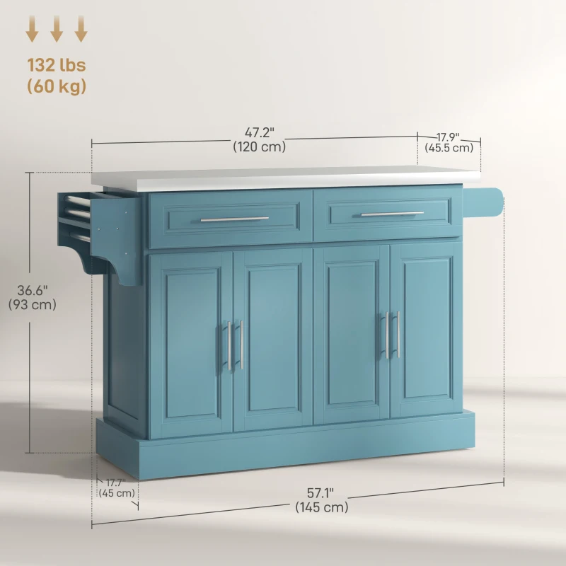 HOMCOM Rolling Kitchen Island with Storage and Stainless Steel Top, Kitchen Trolley with Drawers, Towel Rack, Light Blue