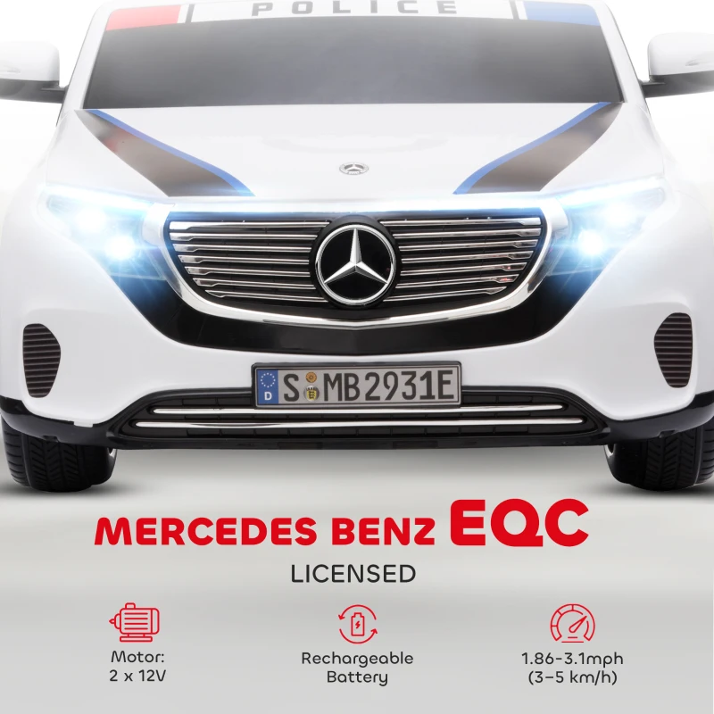 Aosom Licensed BENZ EQ Kids Electric Ride On Car, 12V 7AH Battery-powered Kids Police Car Toy with Parental Remote Control Music Lights Suspension Wheels for 3-5 Years Old White