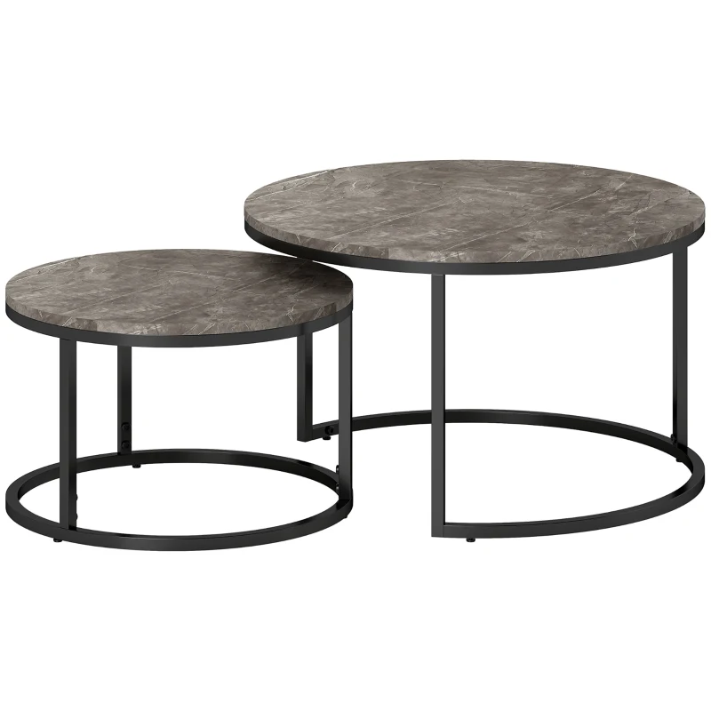 HOMCOM Modern Coffee Table Set of 2, Nesting Side Tables w/ Metal Base for Living Room Bedroom Office Faux Marbled Grey