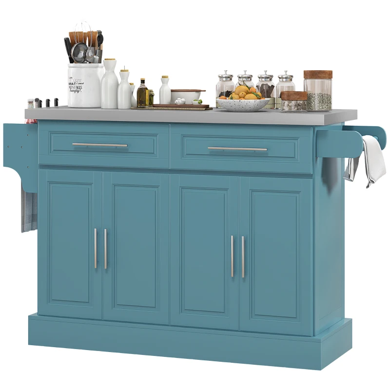 HOMCOM Rolling Kitchen Island with Storage and Stainless Steel Top, Kitchen Trolley with Drawers, Towel Rack, Light Blue